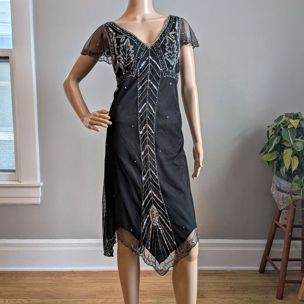 Vintage 90s Y2K Scala Black Beaded Midi Dress Sequins Flapper Whimsygoth Size 10
